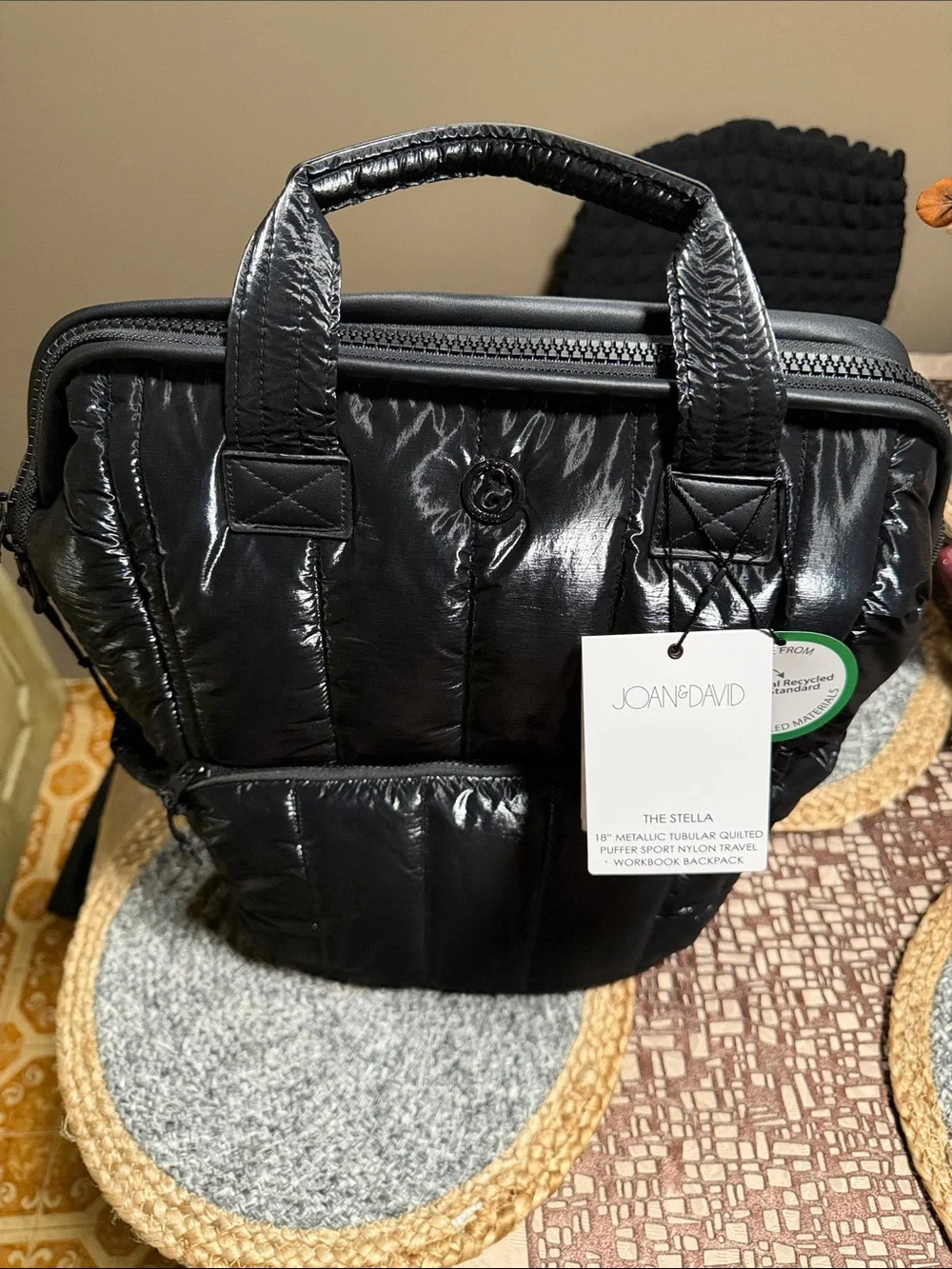 Joan & David Black Quilted Shiny Puffer Backpack Tote